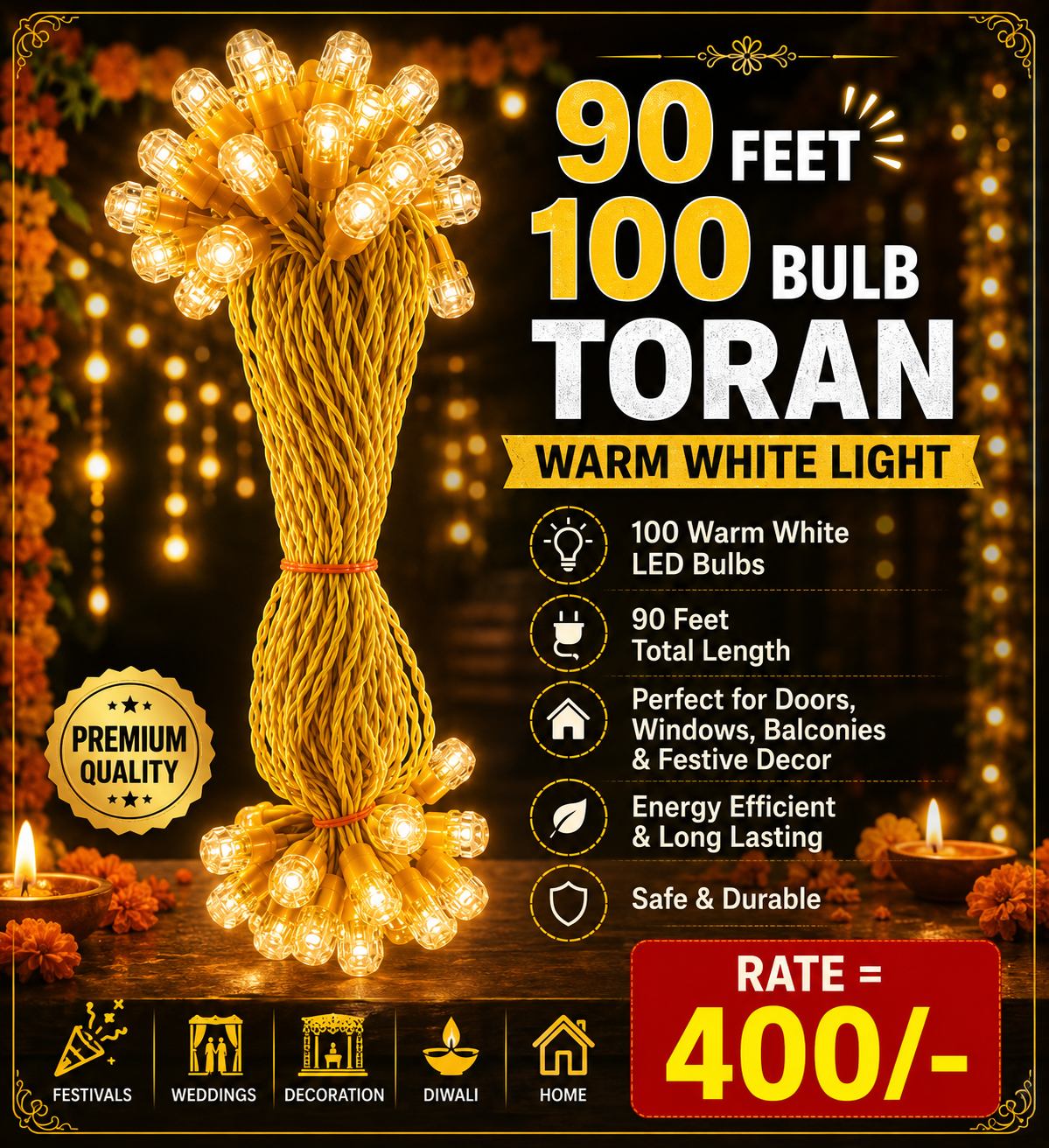 90Feet 100 Bulb Warm White  Toran Light
