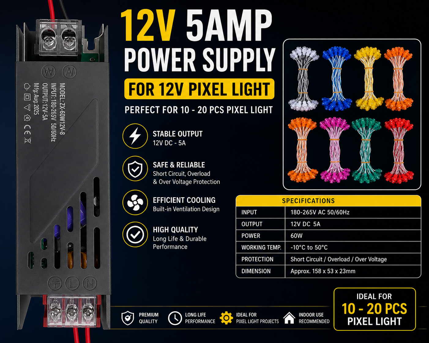 5amp Power Supply  For 12V Pixel Light